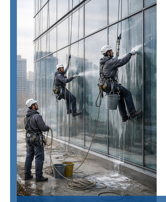 Промышленная мойка панорамных окон на высоте в Куйбышеве