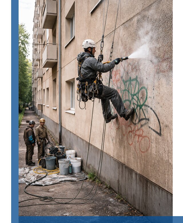 Удаление граффити с фасада в Куйбышеве без следов и повреждений