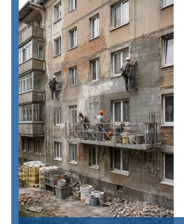 Капитальный ремонт фасада в Куйбышеве с восстановлением и гидроизоляцией