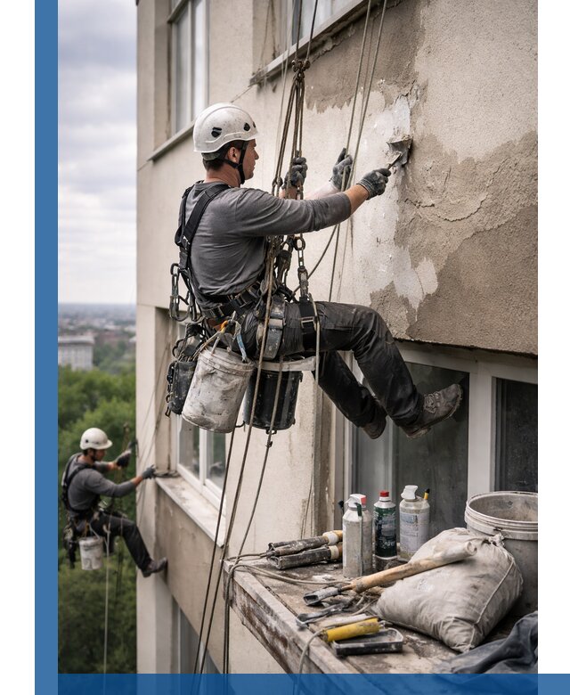 Косметический ремонт фасада зданий в Куйбышеве промышленными альпинистами