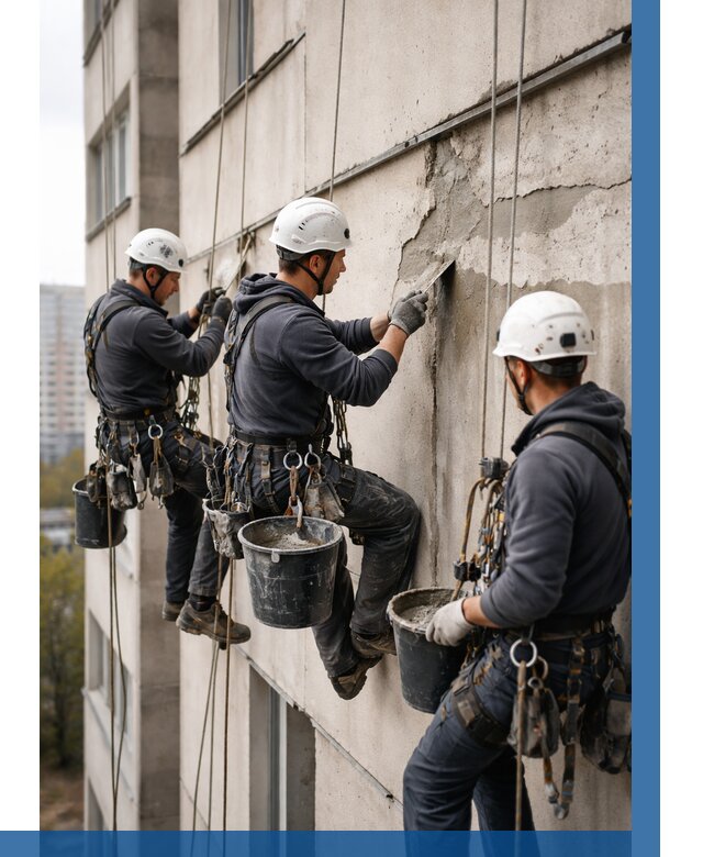 Ремонт бетонных элементов фасада в Куйбышеве от 2592 р. | ВЫСОТНИК-Кбш