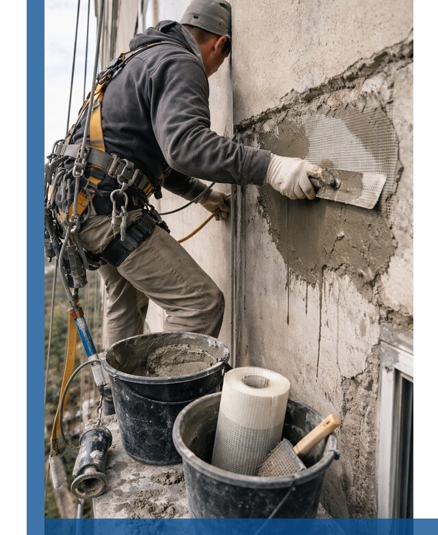 Ремонт бетонных элементов фасада промышленными альпинистами в Куйбышеве