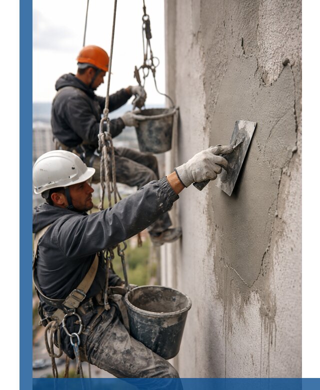 Штукатурка фасада на высоте в Куйбышеве профессиональные работы