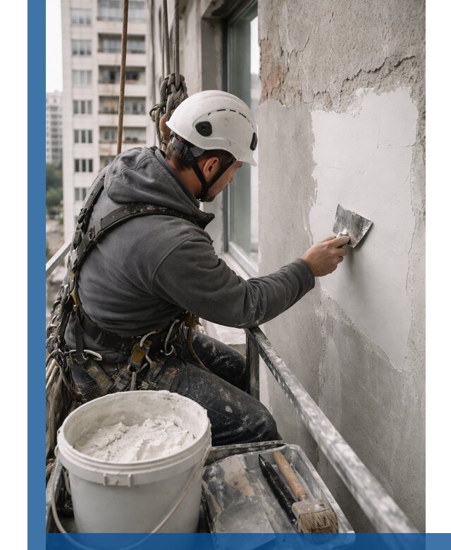 Шпаклевка фасадов на высоте с промальпинистами в Куйбышеве