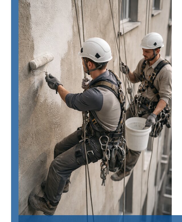 Грунтовка фасада на высоте в Куйбышеве промышленными альпинистами