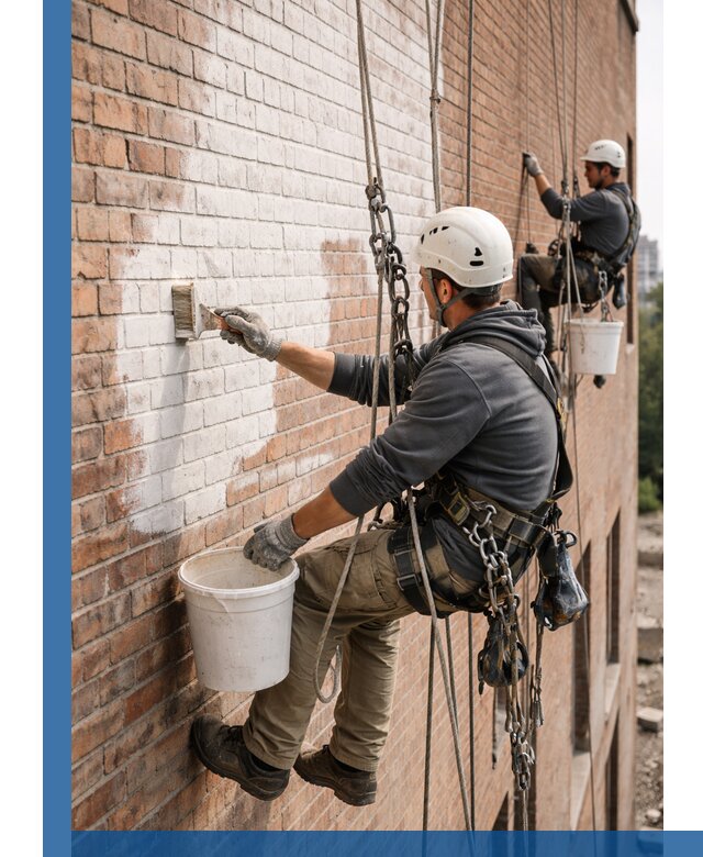 Покраска кирпичного фасада с доступным альпинистским сервисом в Куйбышеве