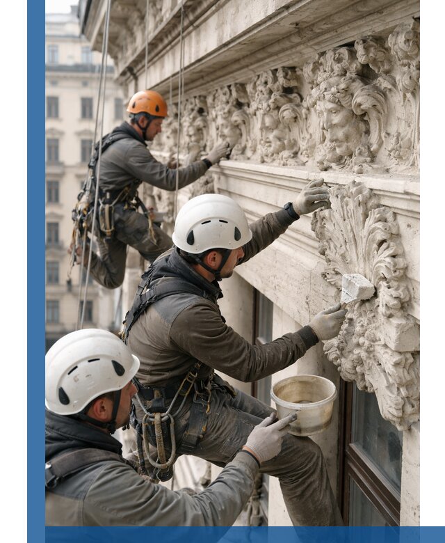 Реставрация фасадной лепнины с высотными работами в Куйбышеве