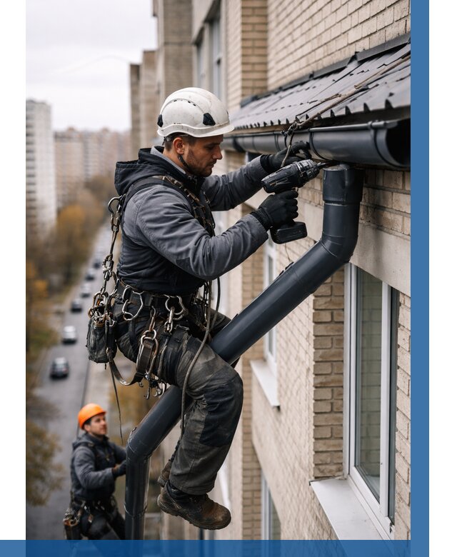 Монтаж водосточной системы на здании в Куйбышеве от 5185 р. | ВЫСОТНИК-Кбш