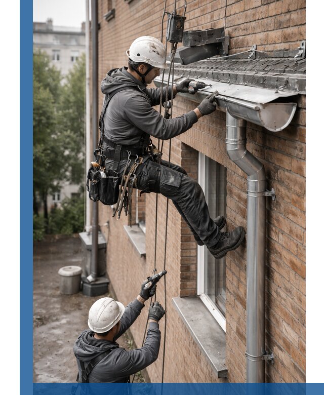 Монтаж водосточной системы на здании в Куйбышеве под ключ