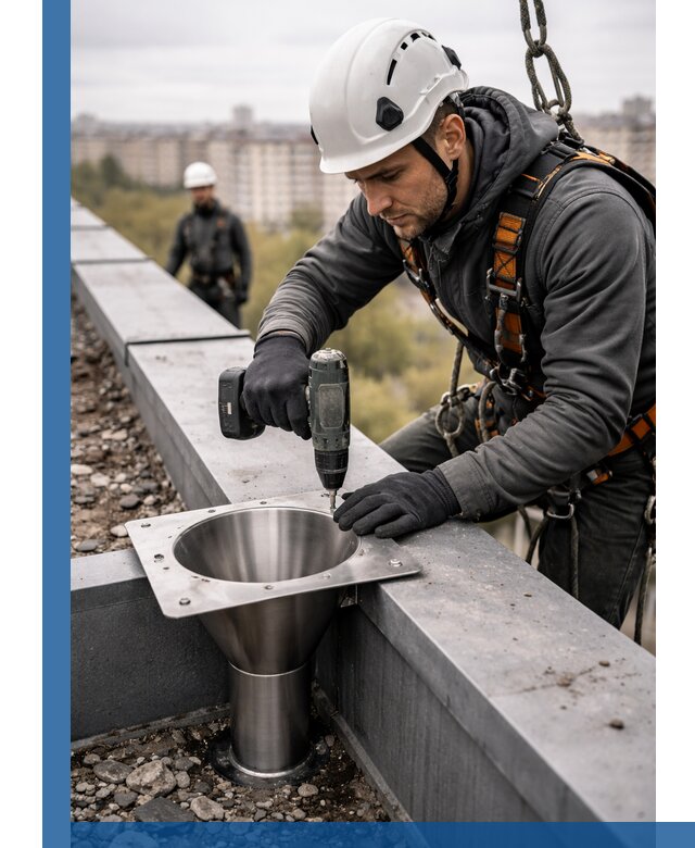 Монтаж водосточных воронок в Куйбышеве для промышленных зданий