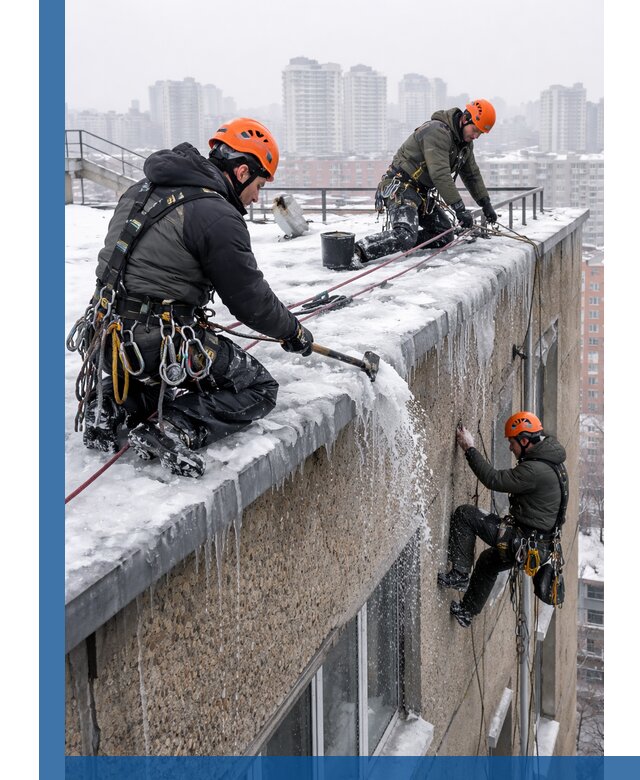 Удаление наледи с кровли в Куйбышеве промышленными альпинистами