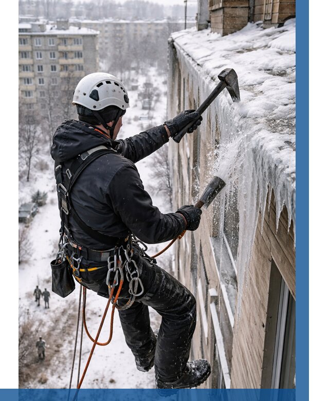 Сбивание сосулек с крыши в Куйбышеве по цене от 4666 р. | ВЫСОТНИК-Кбш