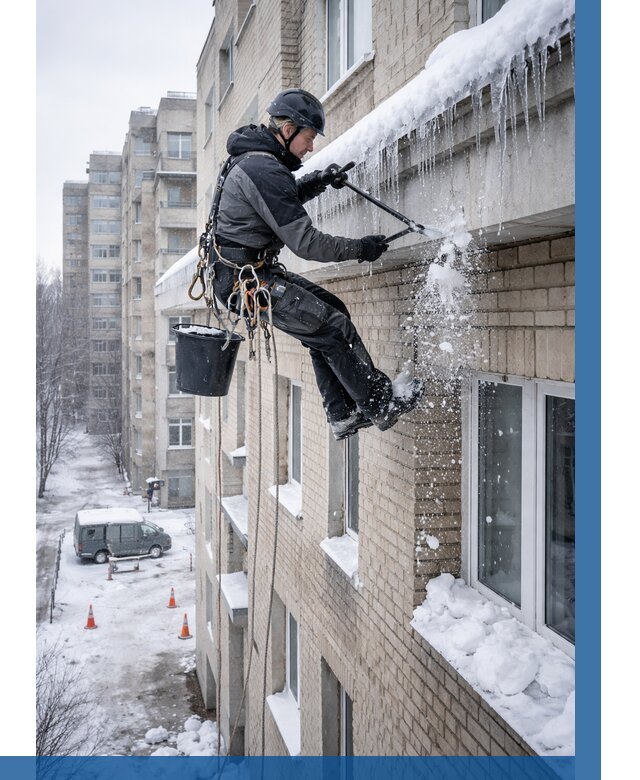 Удаление наледи с карнизов в Куйбышеве от 363 р. | ВЫСОТНИК-Кбш