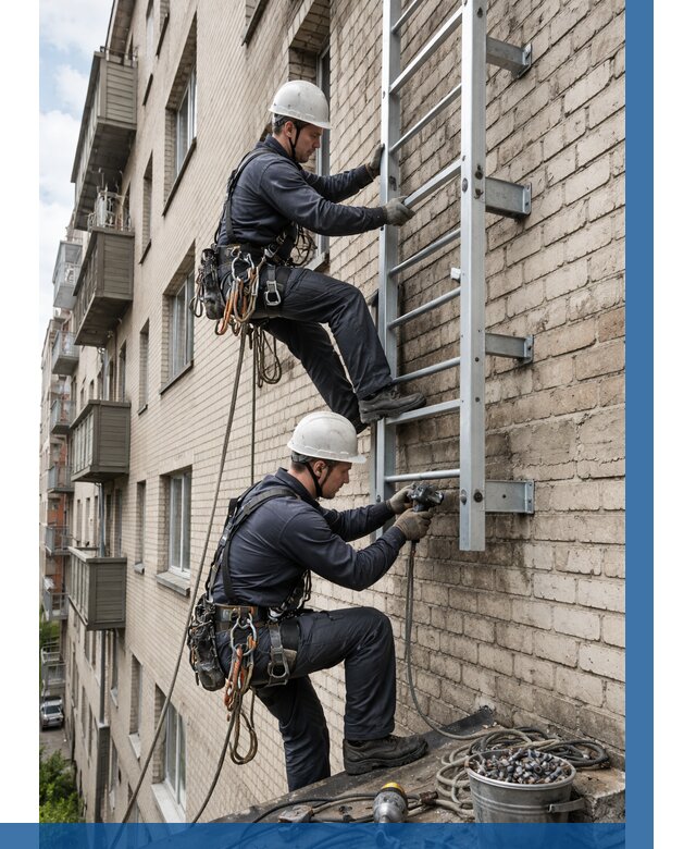 Монтаж пожарной лестницы в Куйбышеве от 25923 р заказать у ВЫСОТНИК-Кбш