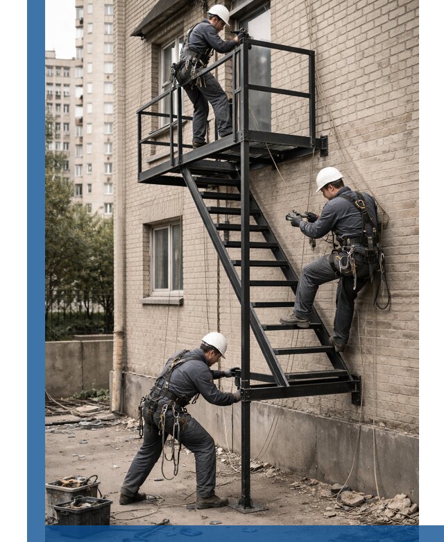 Монтаж пожарной лестницы в Куйбышеве, установка и крепление