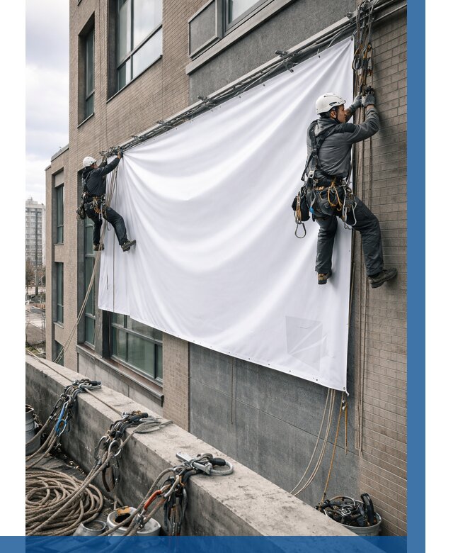 Монтаж баннеров на фасаде в Куйбышеве от 674 р. заказать ВЫСОТНИК-Кбш