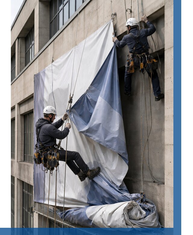 Демонтаж баннеров с фасада в Куйбышеве от 4666 р. | ВЫСОТНИК-Кбш