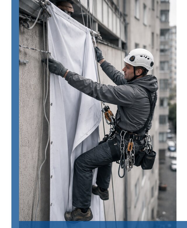 Замена баннерного полотна промышленными альпинистами в Куйбышеве