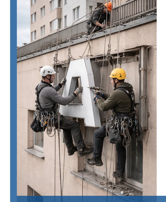 Ремонт и восстановление наружных вывесок на высоте в Куйбышеве