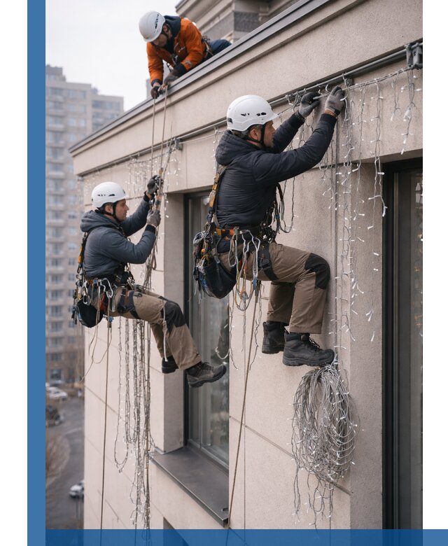 Монтаж праздничных гирлянд на фасаде в Куйбышеве для зданий