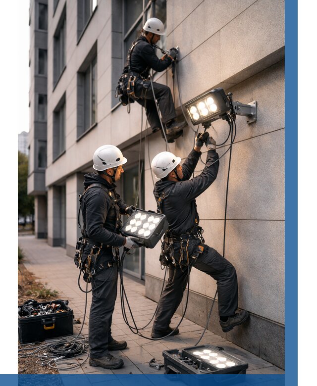 Монтаж прожекторов на фасаде в Куйбышеве от 7777 р. | ВЫСОТНИК-Кбш