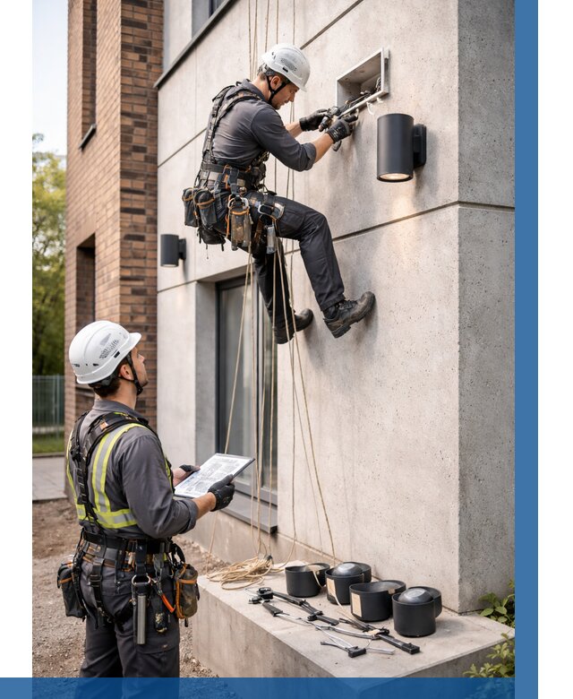 Монтаж фасадного освещения в Куйбышеве от 2592 р. | ВЫСОТНИК-Кбш