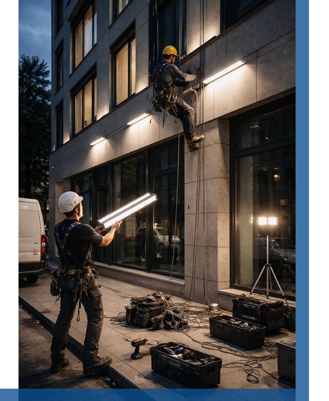 Монтаж архитектурной подсветки здания в Куйбышеве от 2592 р.|ВЫСОТНИК-Кбш