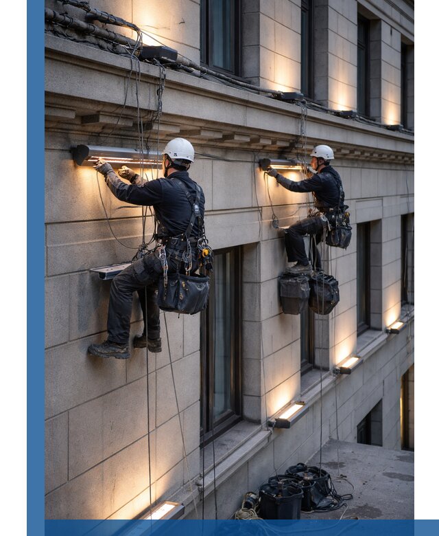 Монтаж архитектурной подсветки фасадов зданий в Куйбышеве