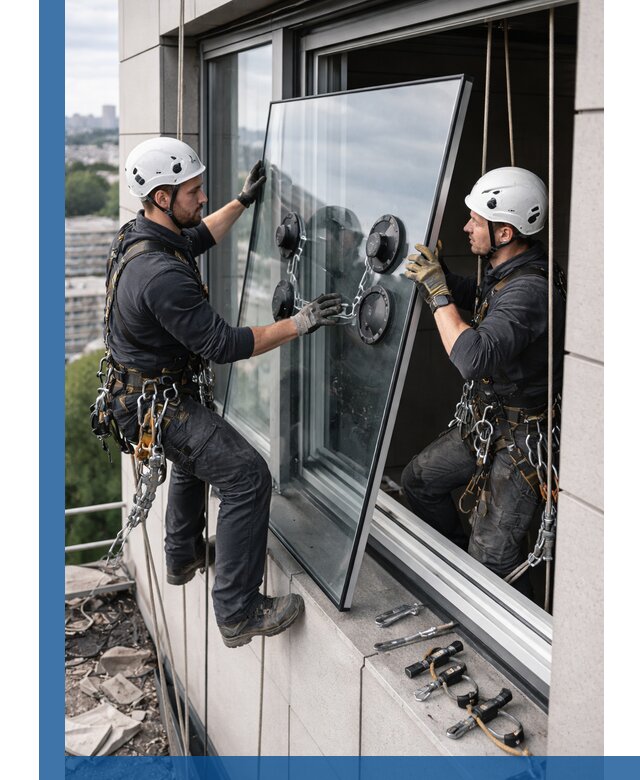 Замена стеклопакетов на высоте с промышленными альпинистами в Куйбышеве