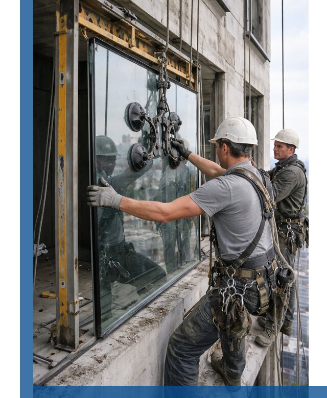 Монтаж стеклопакетов на высоте в Куйбышеве с промышленным альпинизмом