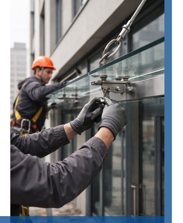 Монтаж стеклянных козырьков в Куйбышеве от 8814 р. | ВЫСОТНИК-Кбш