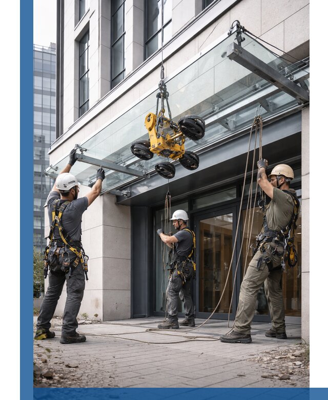 Монтаж стеклянных козырьков под ключ в Куйбышеве для зданий