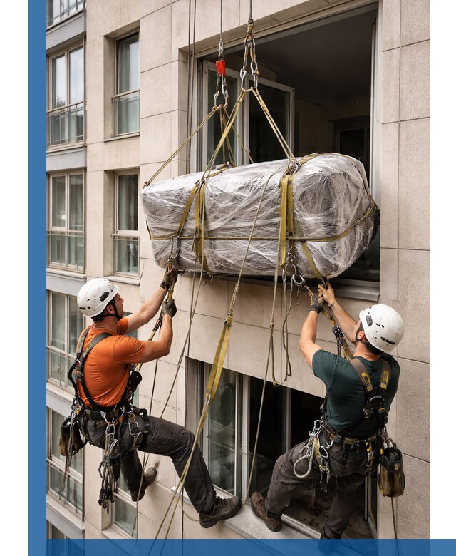 Подъем грузов через окно в Куйбышеве промышленными альпинистами