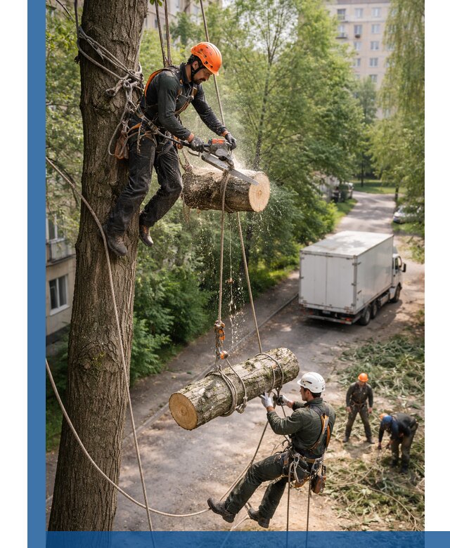 Спил деревьев альпинистами в Куйбышеве, безопасно и без повреждений