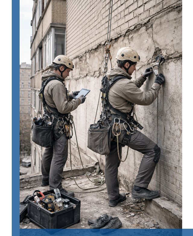 Обследование фасада промышленными альпинистами в Куйбышеве